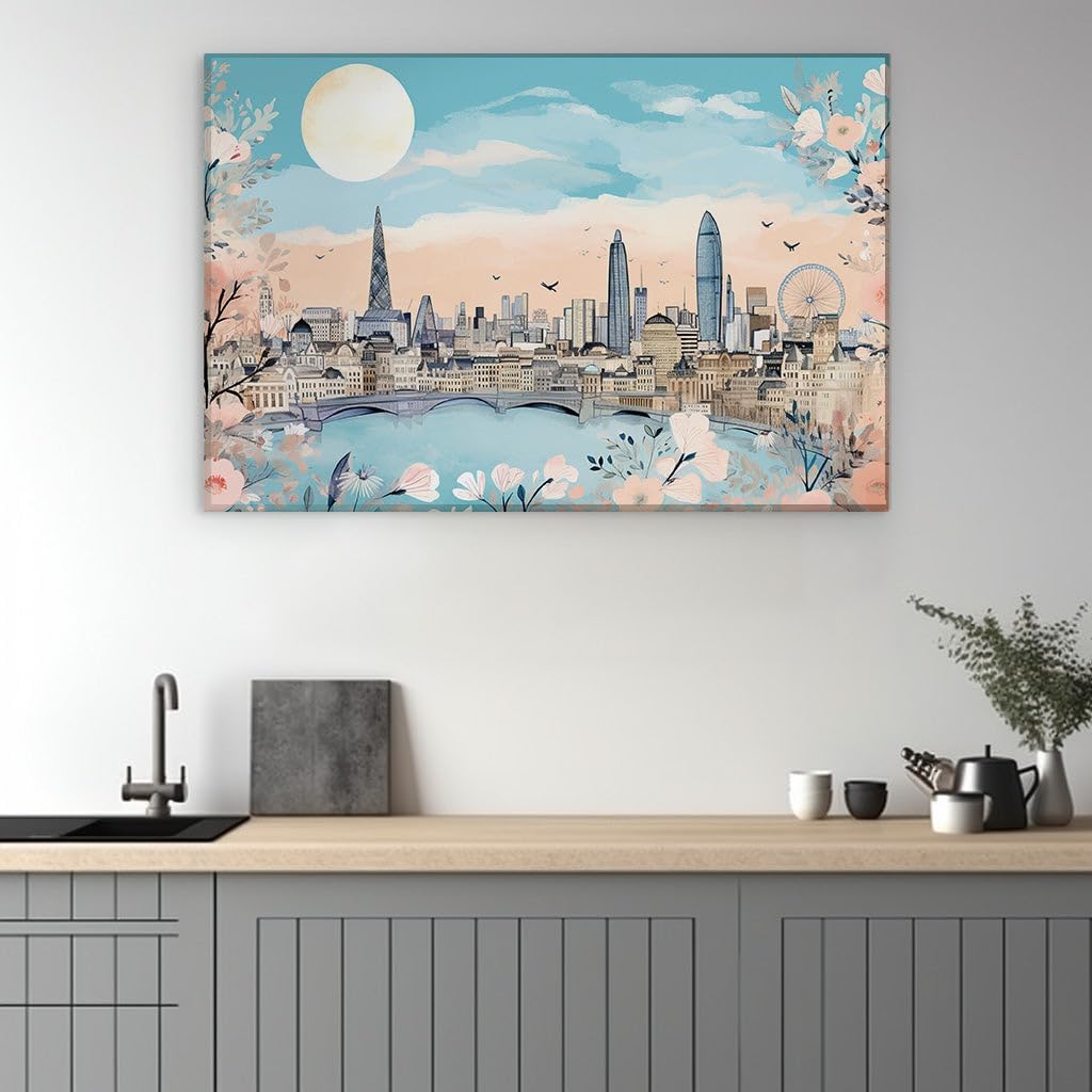 Canvas for Living room. London's Skyline Fusion - Traditional Meets Modern in a Floral-Adorned Cityscape by the Thames, 27 x 18 inch Canvas Wall Art - Contemporary Masterpieces - Modern Home Decor