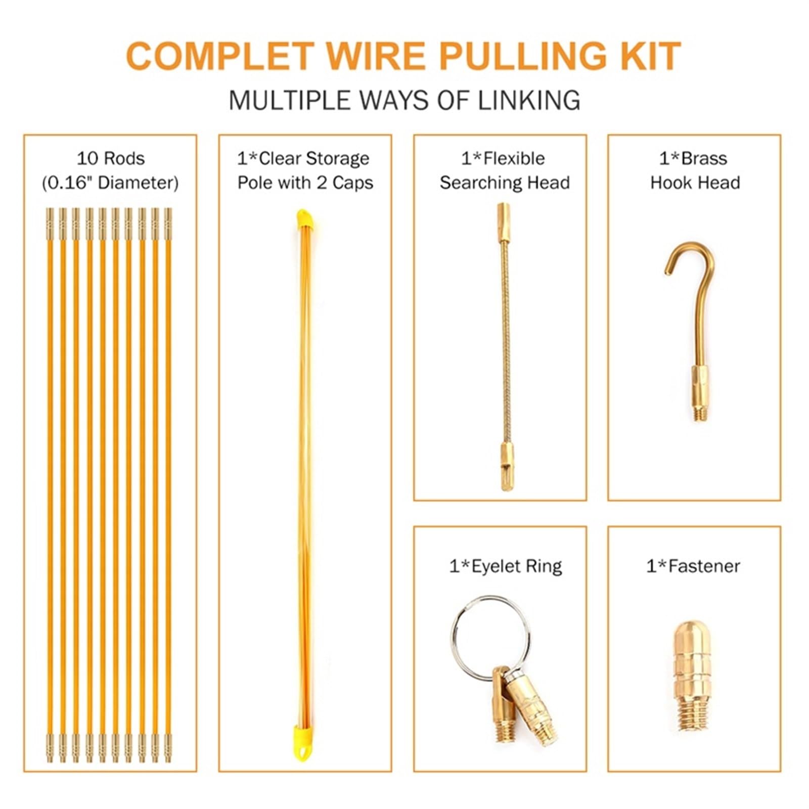 Outdoor Extension 58CM 38CM Fiberglass Cable Running Cable Wire Kit Wall Electrical Cable Installing Rods Accessories Wiring Push Puller 10Pcs Solar sheathed(Size:38CM)