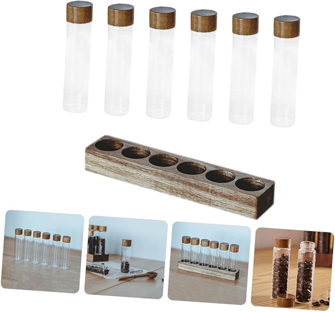 Tubos de almacenamiento para café con soporte de madera, vidrio, 6 unidades miniatura 9