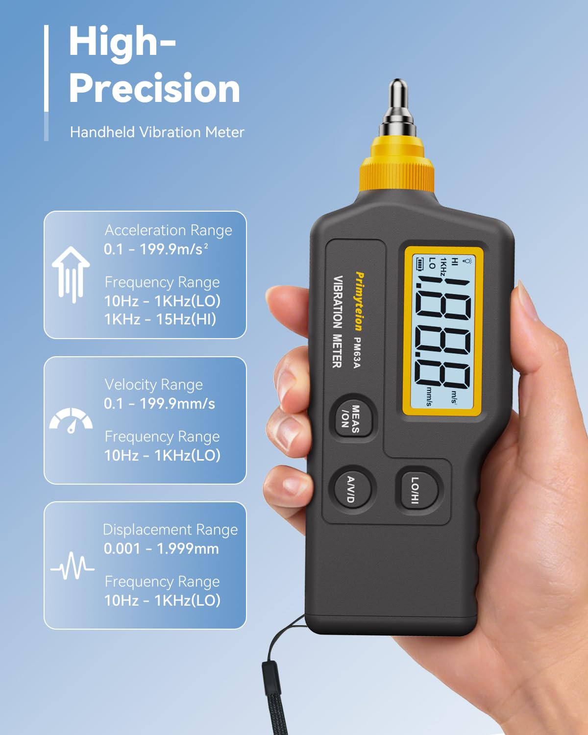PM63A Vibration Meter Handheld, High-Precision Digital Vibration Tester, 20-Hour Continuous Runtime for Predictive Maintenance & Motor Analysis — Amazon image 2