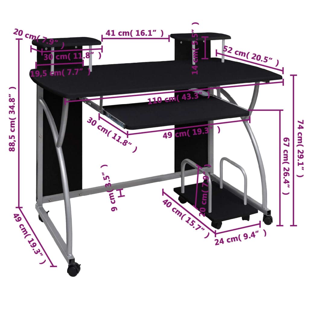 Scrivania da ufficio, tavolo angolare, tavolo da lavoro, scrivania per computer, colore nero, 110 x 52 x 88,5 cm