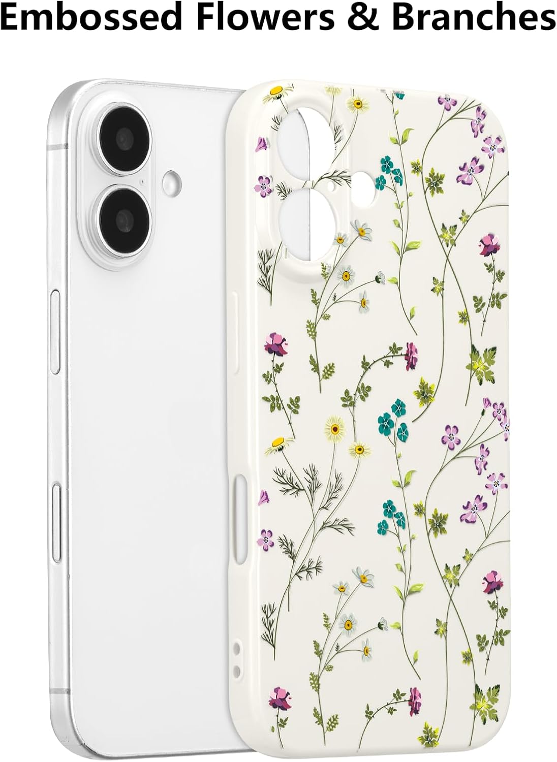 RALEAVO Floral Case for iPhone 16, Flower Branch Pattern Design Cute Cover Case for Girls Women Slim Thin Soft Silicone Shockproof Anti-Slip Phone Case for iPhone 16 (6.1"),Beige - Image 2