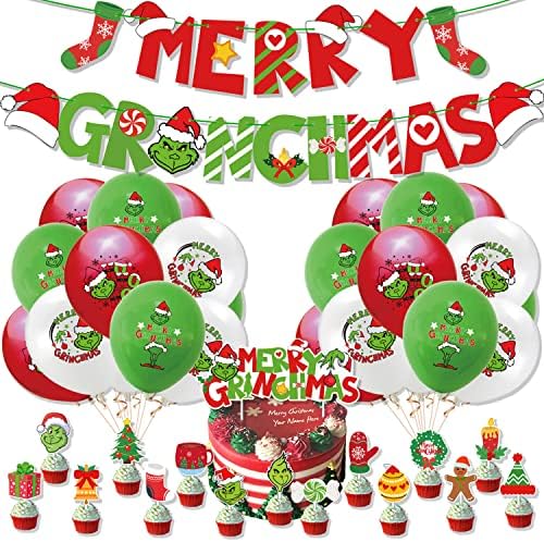 Christmas Birthday Party Supplies Xmas Party Decorations Set Include 1 Merry Christmas Banner, 1 Cake Topper, 16 Cupcake Toppers, 18 Balloons, Winter Holiday Christmas Party Supplies for Kids Girls