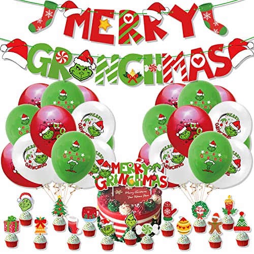 Christmas Birthday Party Supplies Xmas Party Decorations Set Include 1 Merry Christmas Banner, 1 Cake Topper, 16 Cupcake Toppers, 18 Balloons, Winter Holiday Christmas Party Supplies For Kids Girls #TOP26
