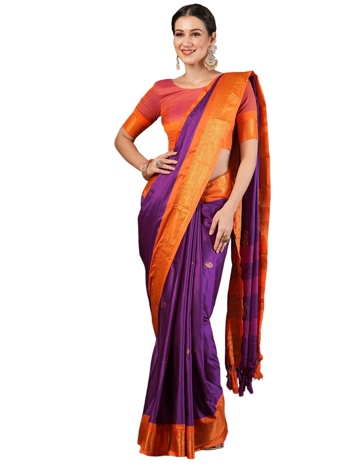 Satrani Women's Silk Banarasi Jacquard Weaving Saree With Unstitched Blouse Piece (4025S142N_Purple & Orange)