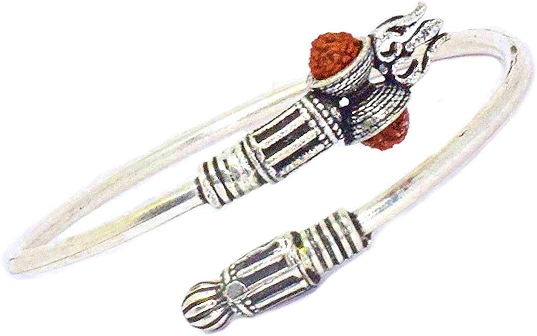 Designer Silver Oxidized Shiva Trishul Rudraksha Damru Kada Bracelet Bangle for Men and Boys Silver Trishul Damroo Designer Kada Bracelet Bangle for Women and Men (Flexible)