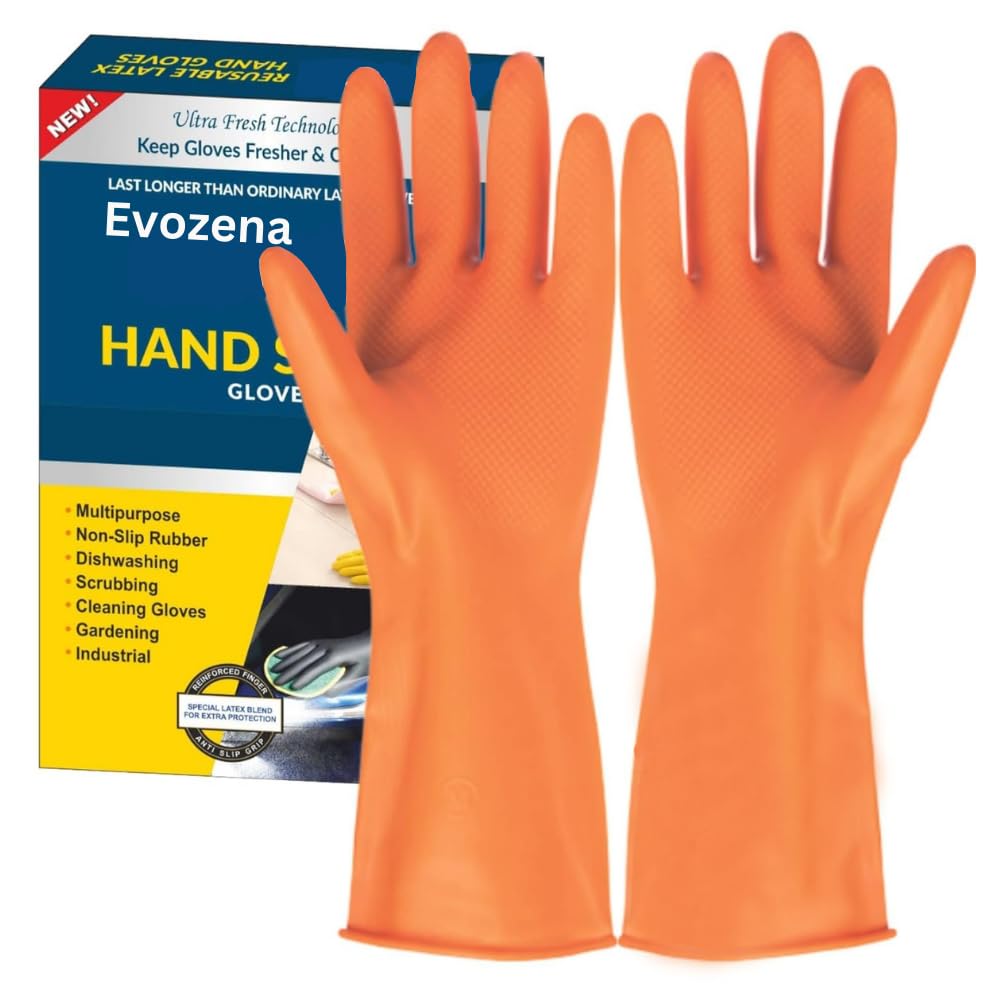 Evozena Heavy Duty Hand Gloves, Gloves for Washing Utensils, Rubber Gloves for cleaning, Gardening Gloves, Dish Washing Gloves, Kitchen Gloves for Dishwashing, Industrial Gloves Orange (Medium, 2)