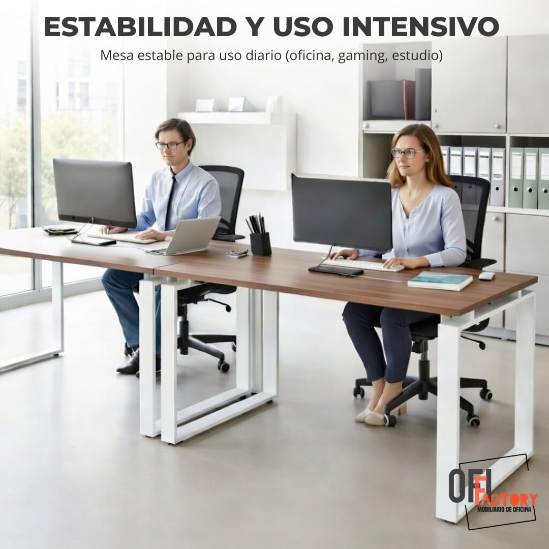 OFIFACTORY Mesa Oficina Profesional | Escritorio Madera con Tablero de Melamina 25 mm para Despacho, Teletrabajo, Ordenador o Estudio | Mesa Ordenador Escritorio Grande (140X80, Nogal)