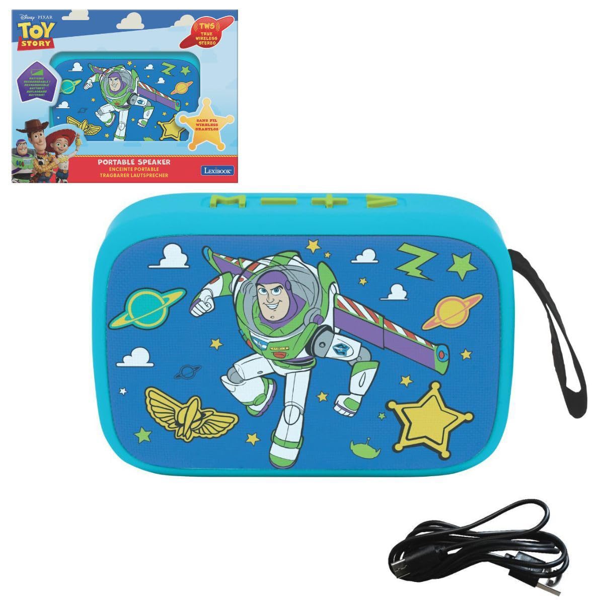 LEXIBOOK, Toy Story, Portable Bluetooth Speaker, wireless, TWS stereo, USB and SD/TF ports, built-in microphone, rechargeable battery, BT018TSLXB