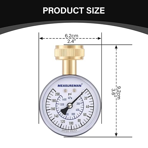 Miniatura 43 de Measureman - Manómetro de presión de agua de 0-200 psi, esfera de 2.5", medidor de presión para boquilla de manguera, probador de presión de agua
