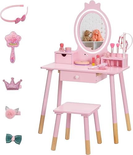 Juego de tocador para niños con espejo iluminado, juego de tocador de maquillaje de princesa y taburete con estante de almacenamiento de joyas y