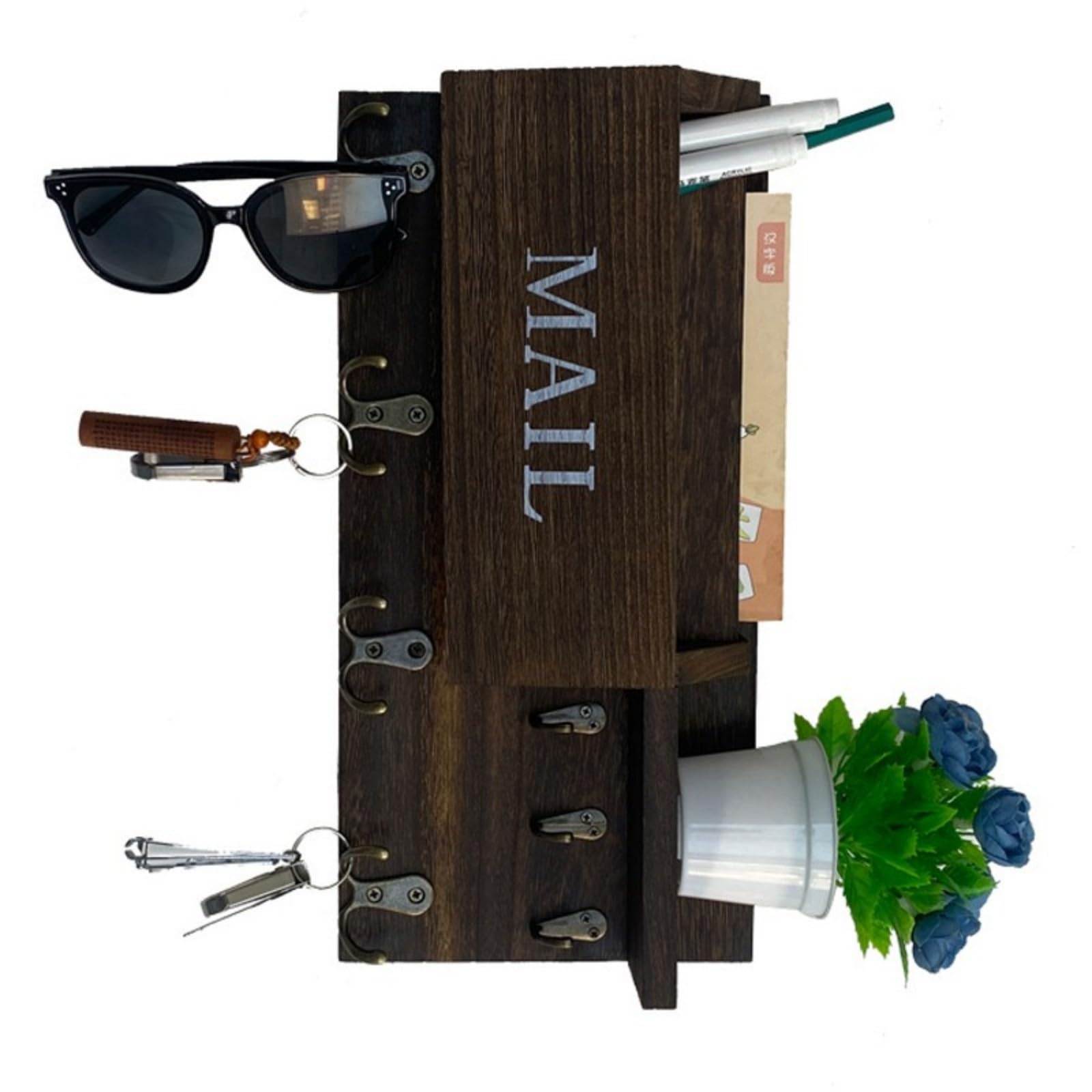 Msioytog Handcrafted Wooden Wall Hanging Mail Shelf with Storage Pockets and Hooks Wall Mounted Letter Holder Wooden Mail and Holder