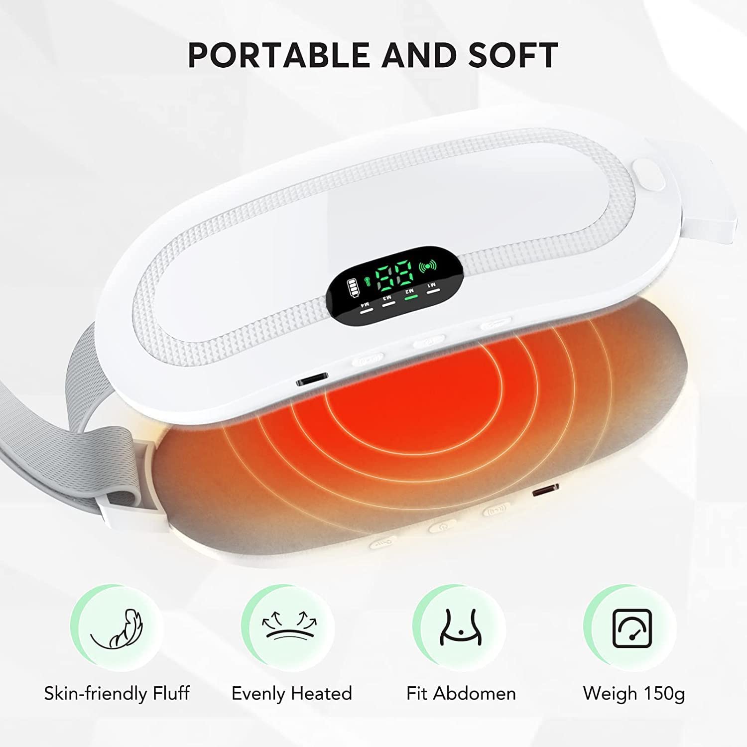 Almohadilla Térmica Menstrual con Batería de 2500mAh, 3 Modos de Temperatura y 4 Modos de Masaje, Cinturón de Calentamiento Recargable por USB, Alivia el Dolor de Espalda y el Dolor Menstrual | Recargable por USB, alivia dolores de espalda, piernas y cala
