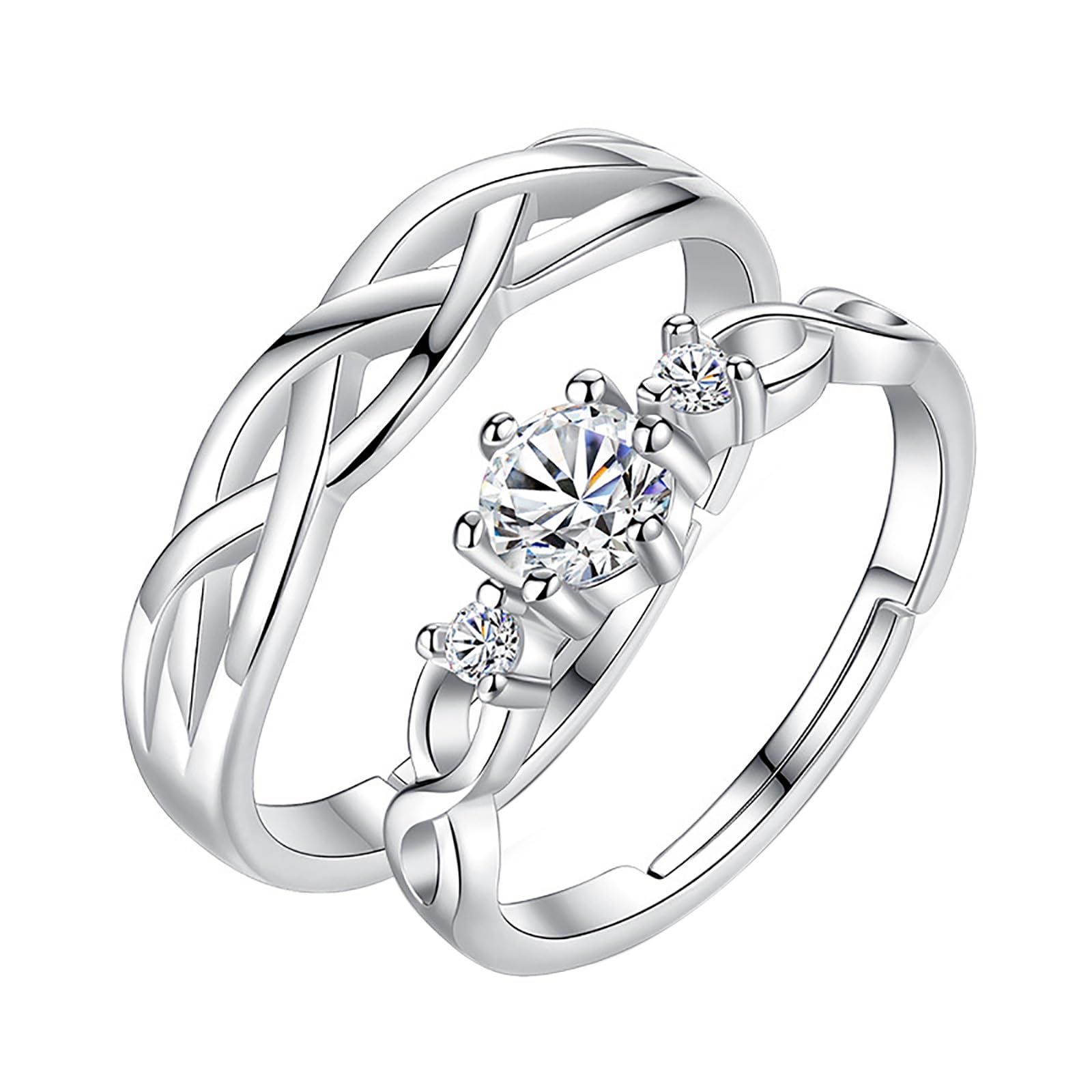 JewelryWe Anillo Compromiso Ajustable Pareja: Alianzas de Plata con Circonita Cúbica para Hombre y Mujer de Acero Inoxidable Hipoalergénico Antialérgico - Para Confesión Propuesta Boda Regalo