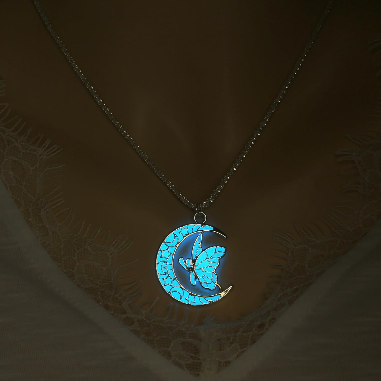 Fantasy Glow in the Dark Moon and Butterfly Necklace for Halloween and Christmas，Glowing Jewelry Pendant for Women ，Fairy Witch Necklace - Image 4