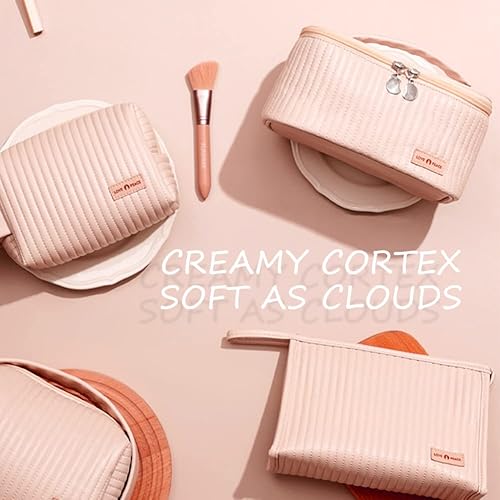 Miniatura 10 de Bolsa de maquillaje de 3 piezas, juego de bolsas de cosméticos, bolsa de aseo de cuero a rayas de poliuretano, organizador de maquillaje portátil