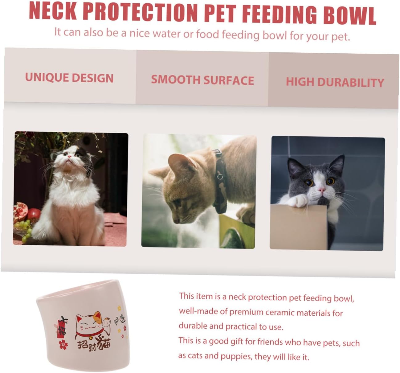 Anti-Overturn Ceramic Elevated Cat Bowl with Neck Protection Pink, Non-Spill Cat Feeding and Water Bowl for Indoor Pets