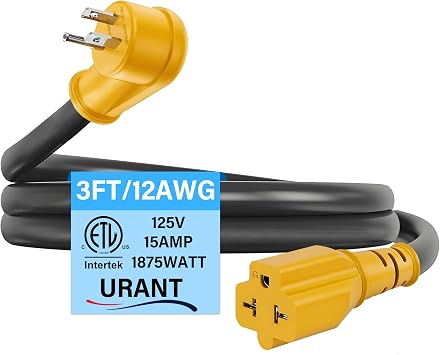 Waterproof 3ft 15 Amp Household to 20 Amp AC Power Adapter Cable | 12/3 Outdoor Extension Cord Flat Plug,NEMA 5-15P to 5-20R/6-15R/6-20R,15A 125V to 20A 250V Heavy Duty Extension Cable