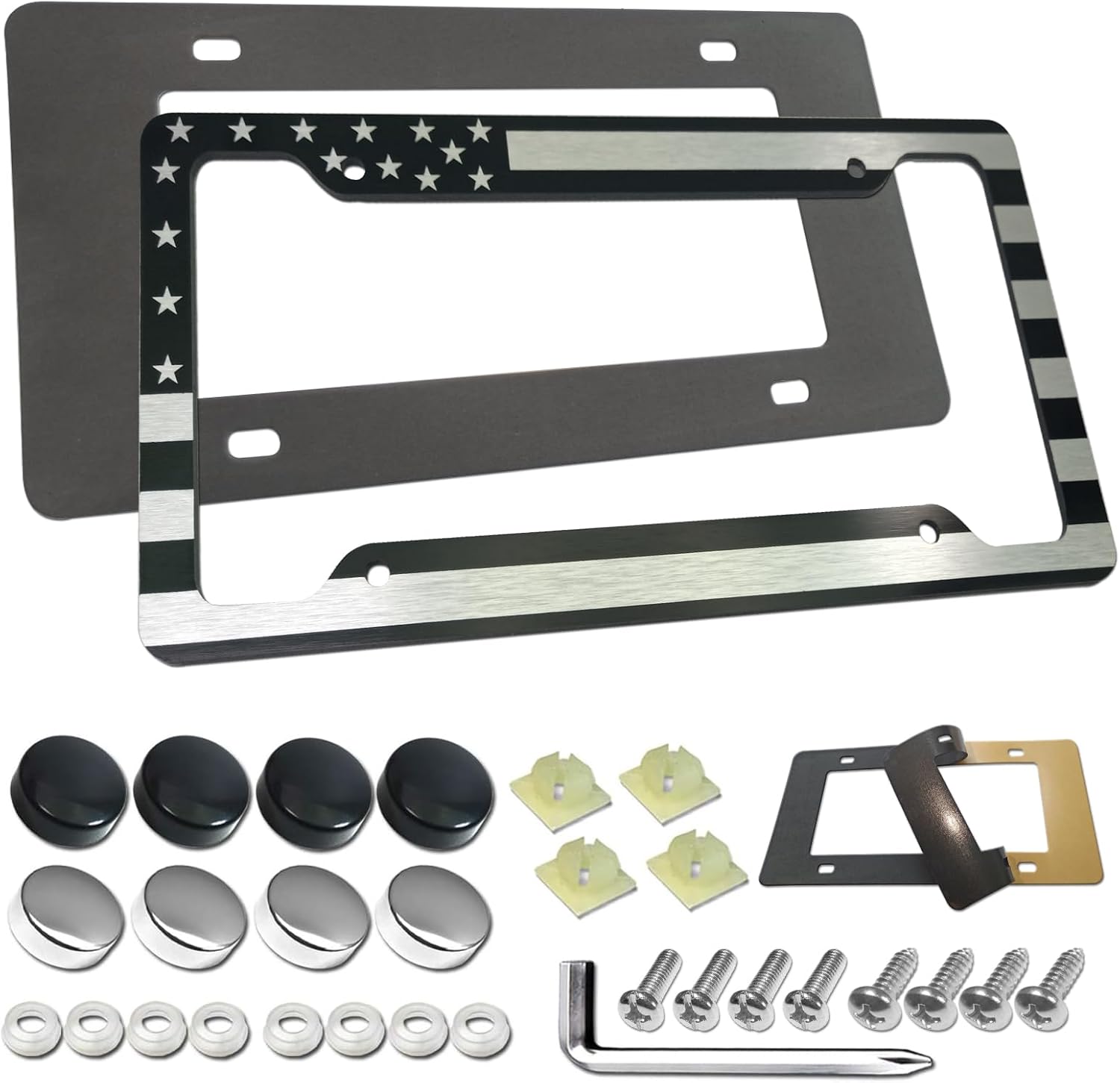 AOOTF American Flag License Plate Frame – USA Aluminum Metal License Plate Cover Auto Car Truck Tag Holder Thin Blue Line Black and White Stripes with Screws,Anti-Rattle Foam Pad