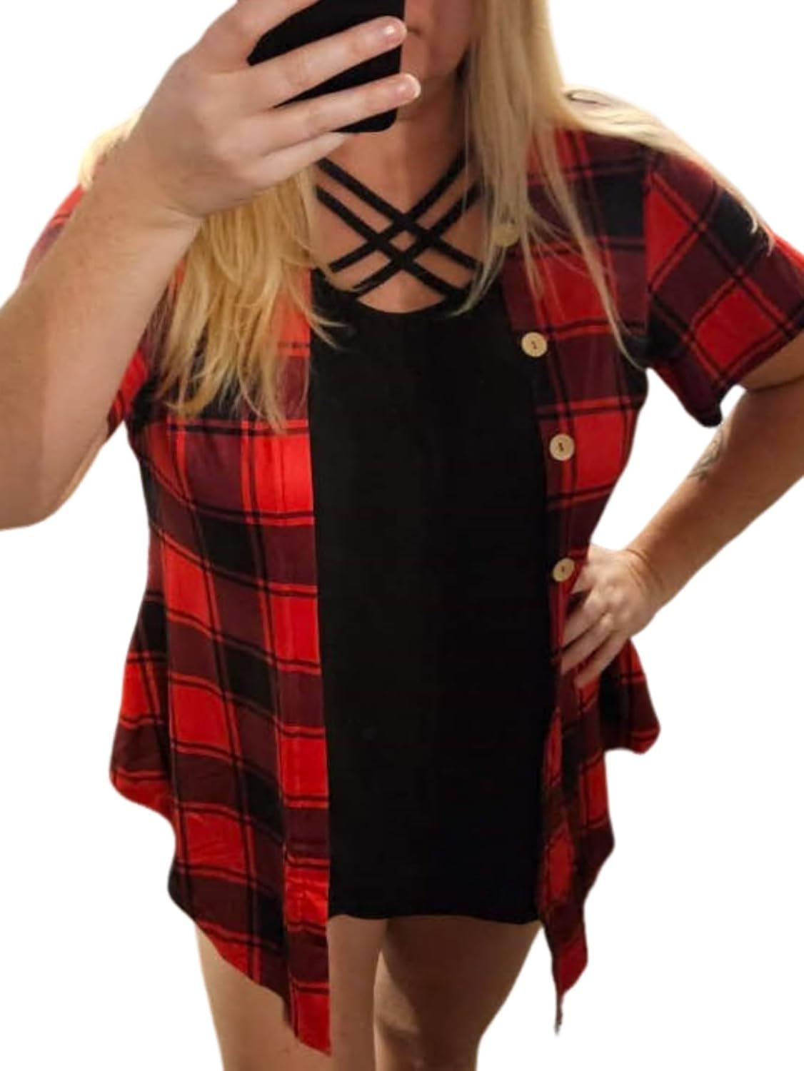 WDIRARA Women's Plus Size Plaid Crisscross Button Front Short Sleeve Tee 2 in 1 Asymmetrical Hem Top