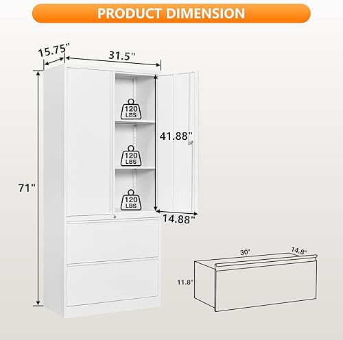 Miniatura 3 de Archivador de metal con 2 cajones, gabinete de almacenamiento de oficina con estantes ajustables, archivador lateral con cerradura para archivos de