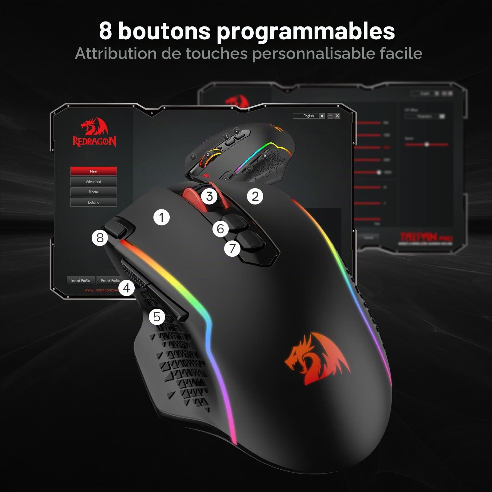 Redragon M810 Pro Souris sans Fil 10000 DPI Tir Rapide 8 Boutons