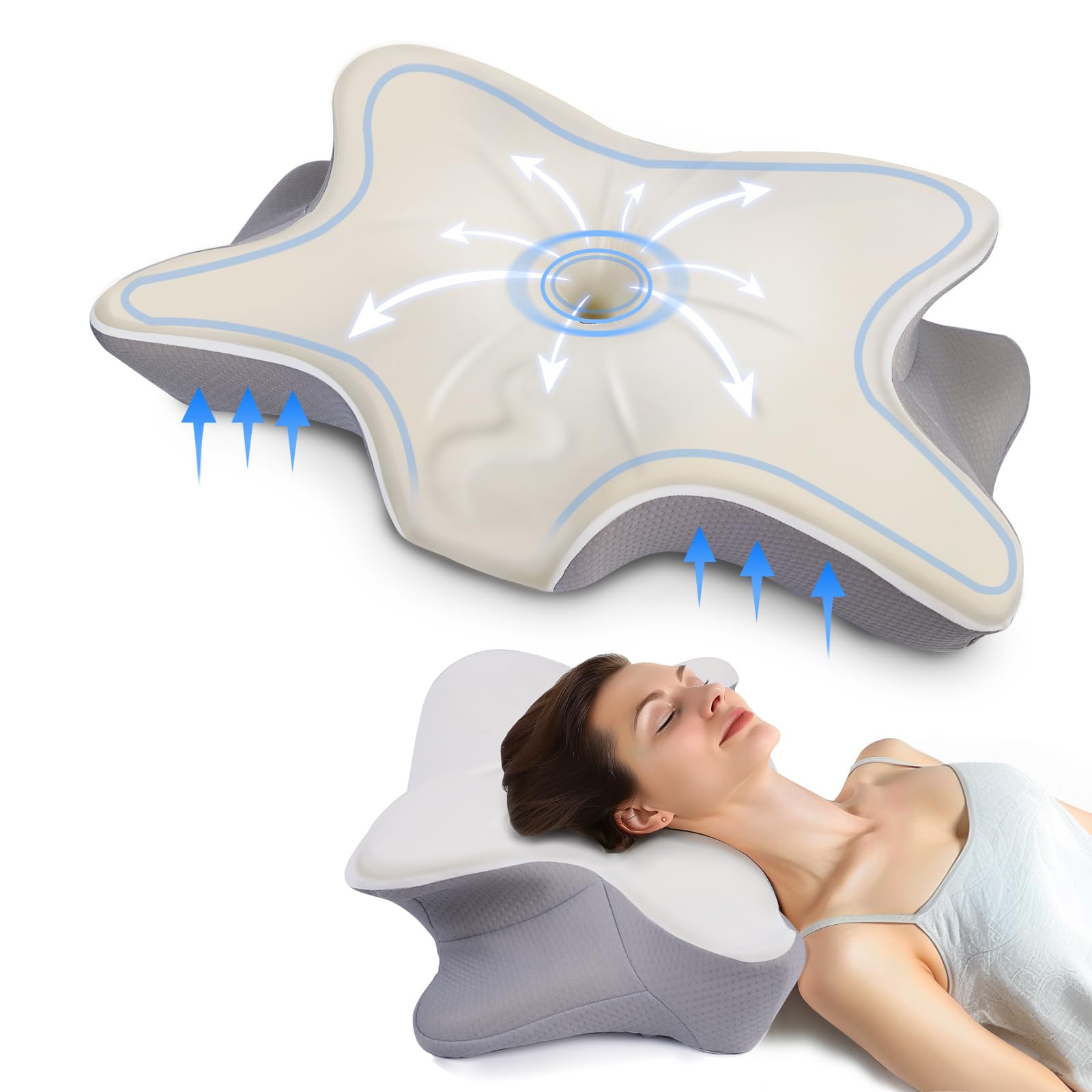 Moneledis Cervical Neck Pillow, Ergonomic Pillows for Side Back Stomach Sleepers, Memory Foam Bed Pillow for Neck Pain Relief, Orthopedic Contour Design with Cooling Pillowcase