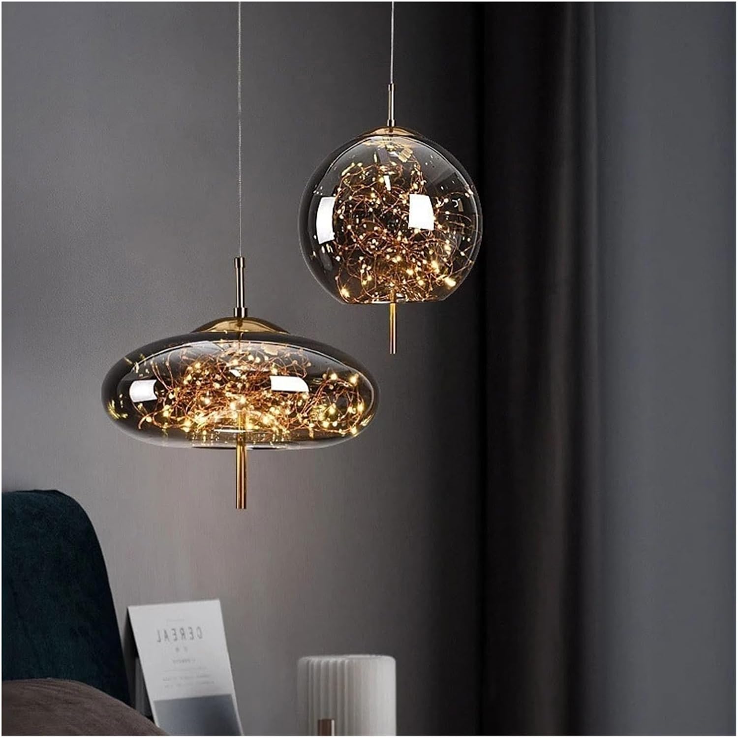 Modern Glass Globe Pendant Light, Loft Bar Ceiling Hanging Lamp, 1-Light Smoke Gray Globe Shade Ceiling Lamp Pendant Light Fixtures for Kitchen Farmhouse Living Room, C_Small
