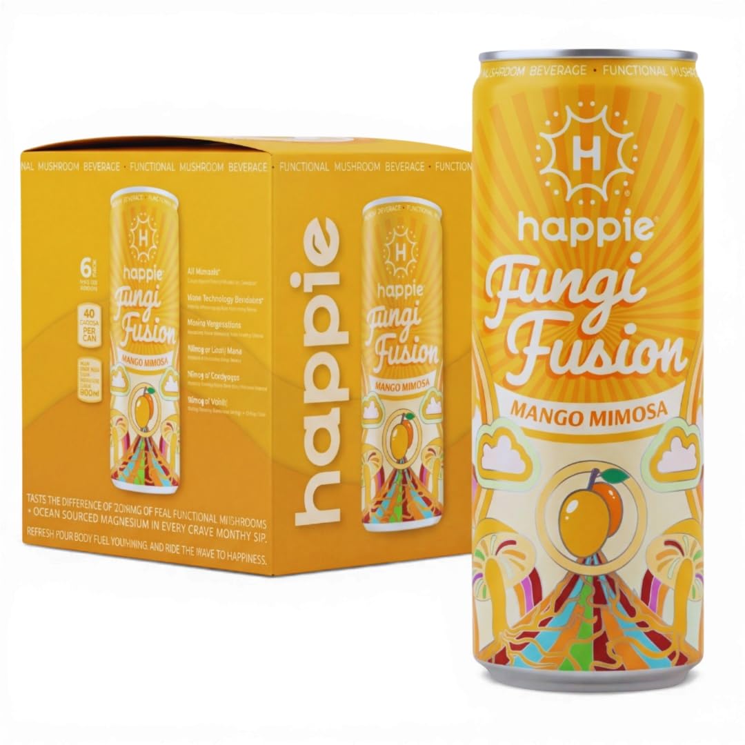 Happie Fungi Fusion Mango Mimosa – Sparkling Mushroom Drink with Lion's Mane (900mg), Cordyceps & Reishi – Caffeine-Free Functional Beverage, Zero Sugar, Vegan Adaptogen Soda Alternative (6 Pack)