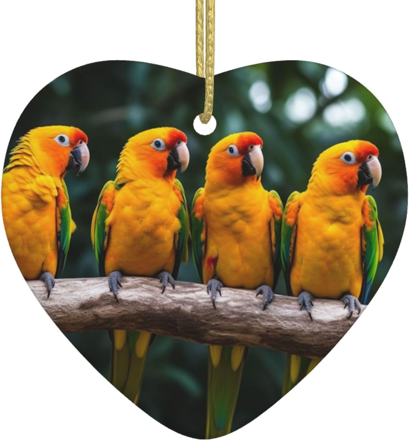 Ceramic Christmas Ornaments Heart Shaped Xmas Hanging Ornament Double-Sided Colorful Yellow Parrots On Branch Print Christmas Tree Pendants for Fireplace Party Holiday Wedding Xmas Decoration