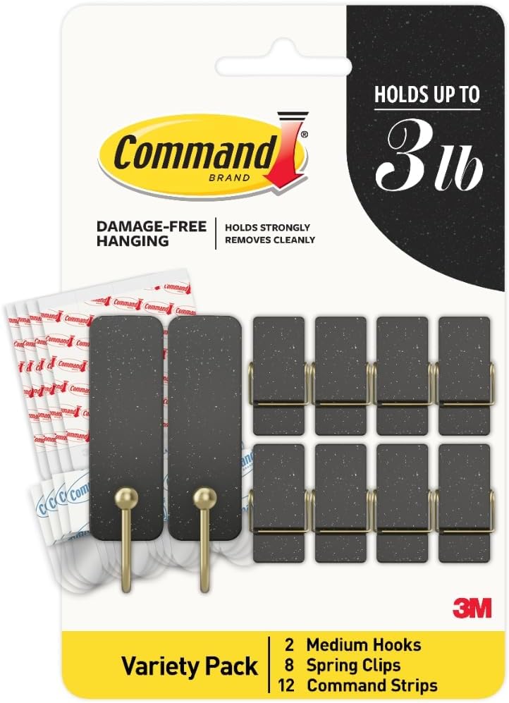 Mixed Hooks Pack, 10 Soot, 12 Strips (2 Medium Hooks, 8 Spring Clips), for Hanging Christmas Decorations