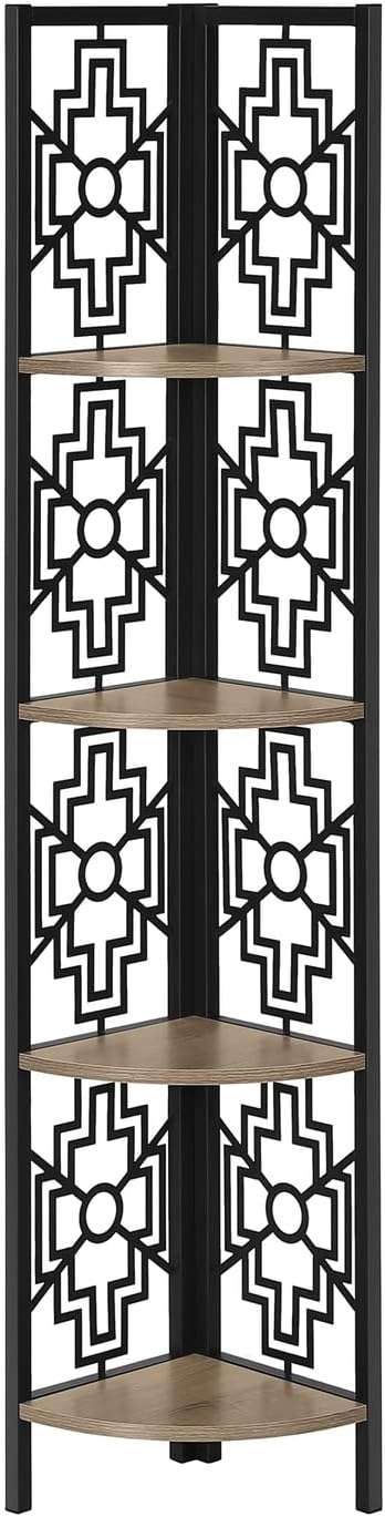 Monarch Specialties I 3621 Bookshelf, Bookcase, Etagere, Corner, 4 Tier, 62" H, Office, Bedroom, Metal, Laminate, Brown, Black, Transitional