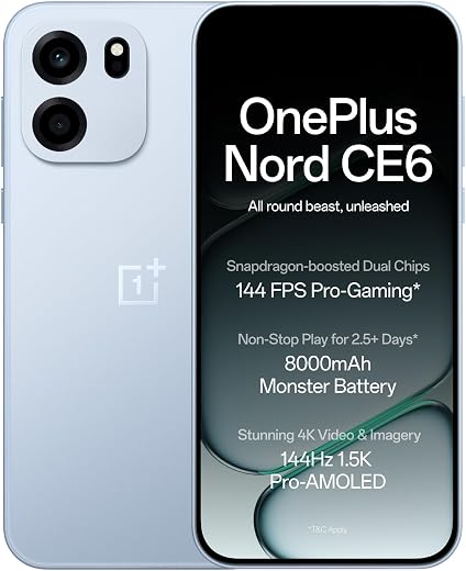OnePlus Nord CE6 | 8GB+128GB | Fresh Blue | Snapdragon 7s Gen 4 | Segment's Fastest Touch Response | 8000mAh Battery | 144Hz 1.5K AMOLED Display | 50MP Main + 32MP Selfie 4K Cameras | IP66,68,69,69K