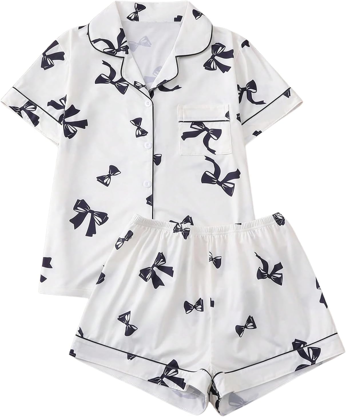 SHENHE Women's Pajama Set Bow Print Short Sleeve Button Down Sleep Shirt Pj Shorts Loungewear