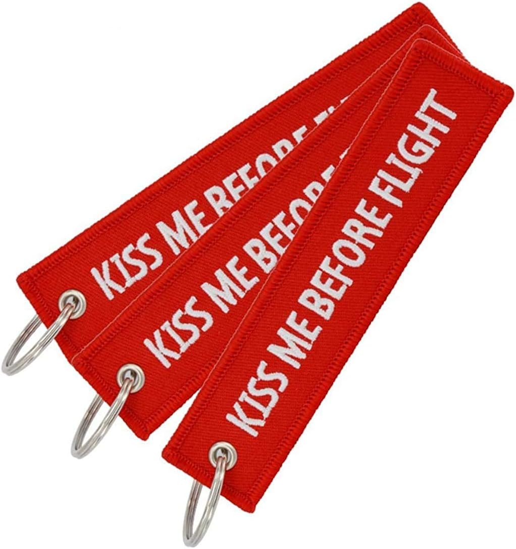 Pack of 3 Kiss Me Before Flight, Aviation Keychain, Letters Key Tags Luggage Tag Embroidered Keychain for Aviation, Gifts, Car Key, Bag Hanging Decor (RED)