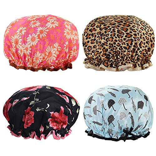 Shower Cap, 4 Pack Double Layered Bath Cap Designed for Women, Waterproof & Adjustable Shower Caps