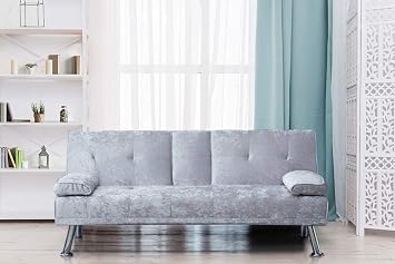 Italian Style Luxury Sofa Bed with Drink Cup Holder Table Crush Velvet 4 Colours Silver