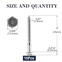 Vista 2 de Tornillos tirafondo de cabeza hexagonal de 5/16" x 3" pulgadas, 10 piezas, acero inoxidable 304 18-8, rosca parcial, tornillos para madera de cabeza