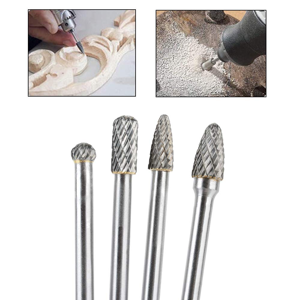 4 Pcs Kit de Fresas Giratorias de Carburo de Tungsteno Fresas de Diamante Rotary Archivo Tungsteno Acero Herramientas Rotary Burr Fresa Giratoria de Largo Alcance 6 mm