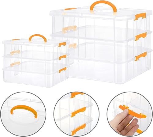 Miniatura 3 de Paquete de 6 recipientes de almacenamiento de plástico de 3 niveles de 2 tamaños con tapas, organizador de suministros de arte con asa, caja de