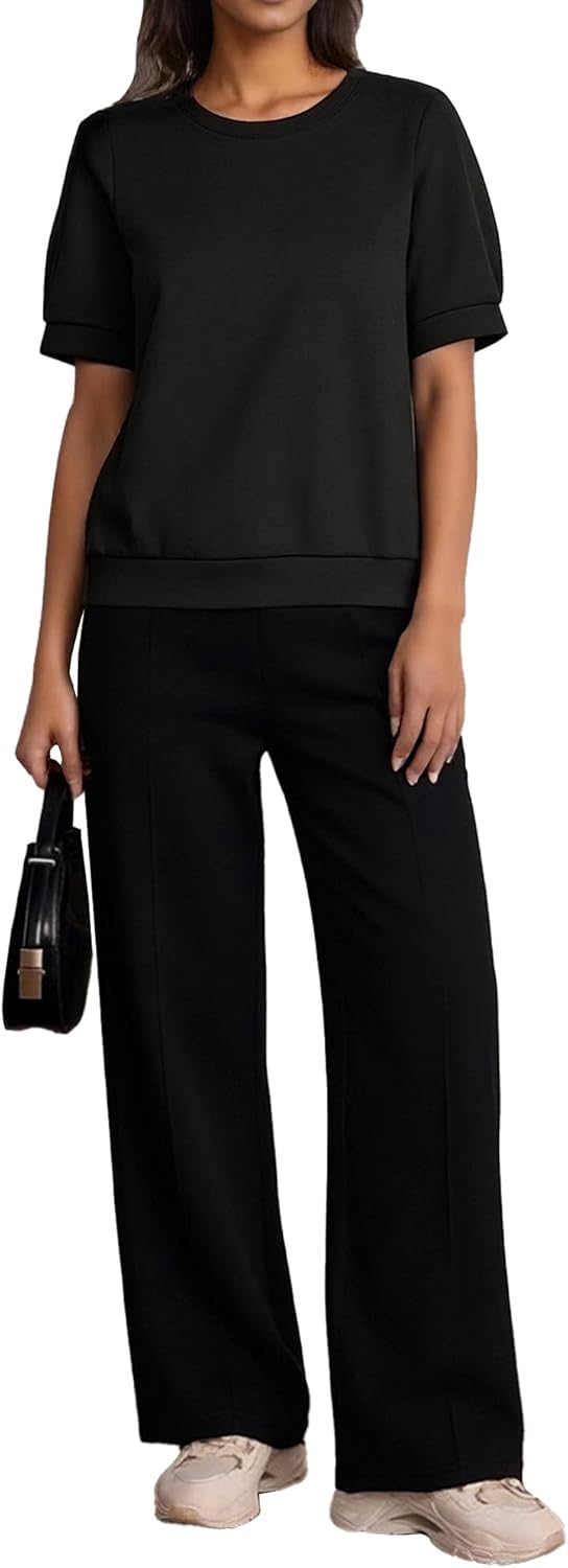 Women’s 2 Piece Lounge Sets, Summer Crew Neck Short Sleeve Tops & Wide Leg Sweatpants - Image 3