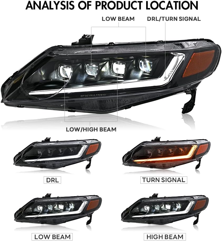Headlights for 2006-2011 Civic Sedan 4-Door Headlamp with Start Up Animation Sequential Turn Signal Passenger & Driver Side Head Light Plug&Play