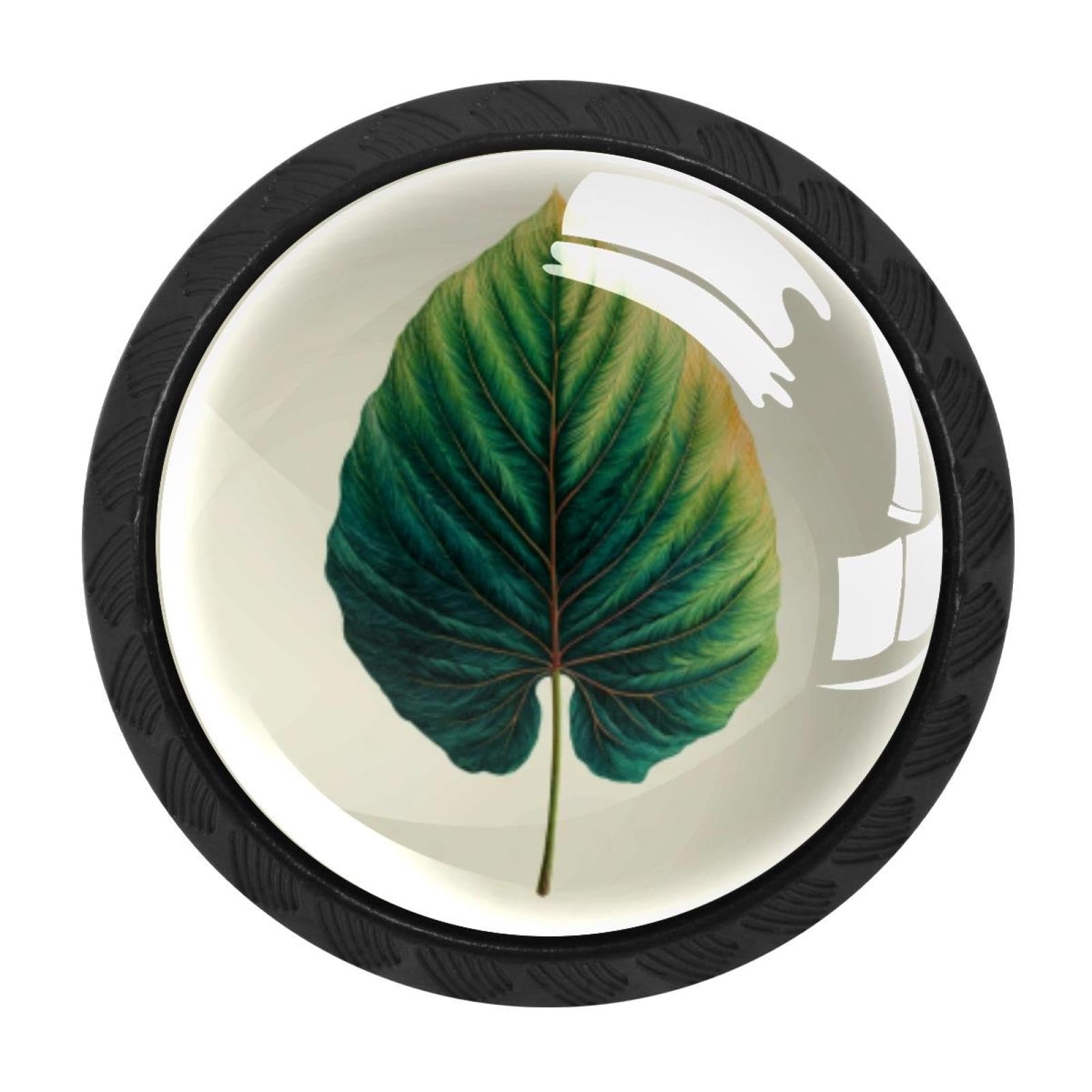 CHENZZZZ 4 Pieces Tropical Leaf (1) Drawer Knobs, 35mm Black Kitchen Cabinet Knobs, Drawer Pulls and Knobs, Glass Cabinet Hardware Single Hole Knob for Cabinets and Drawers Round
