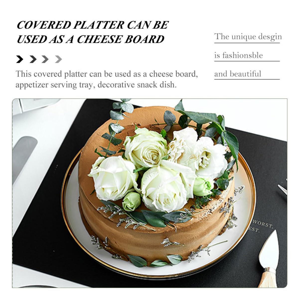 CALLARON Set de 1 Couvercle à Gâteau en Verre avec Plateau en Céramique, Protège Les Desserts et Garde la Fraîcheur, pour Mariages et Réceptions