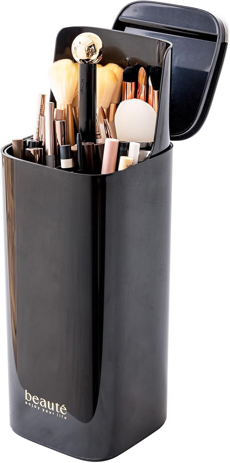 Makeup Brush Holder Organizer, One Touch for Open, Dustproof Make Up Organizer with Lid for Vanity Bathroom Countertop,Black Makeup Brush Holder Organizer, One Touch for Open, Dustproof Make Up Organizer with Lid for Vanity Bathroom Countertop,Black