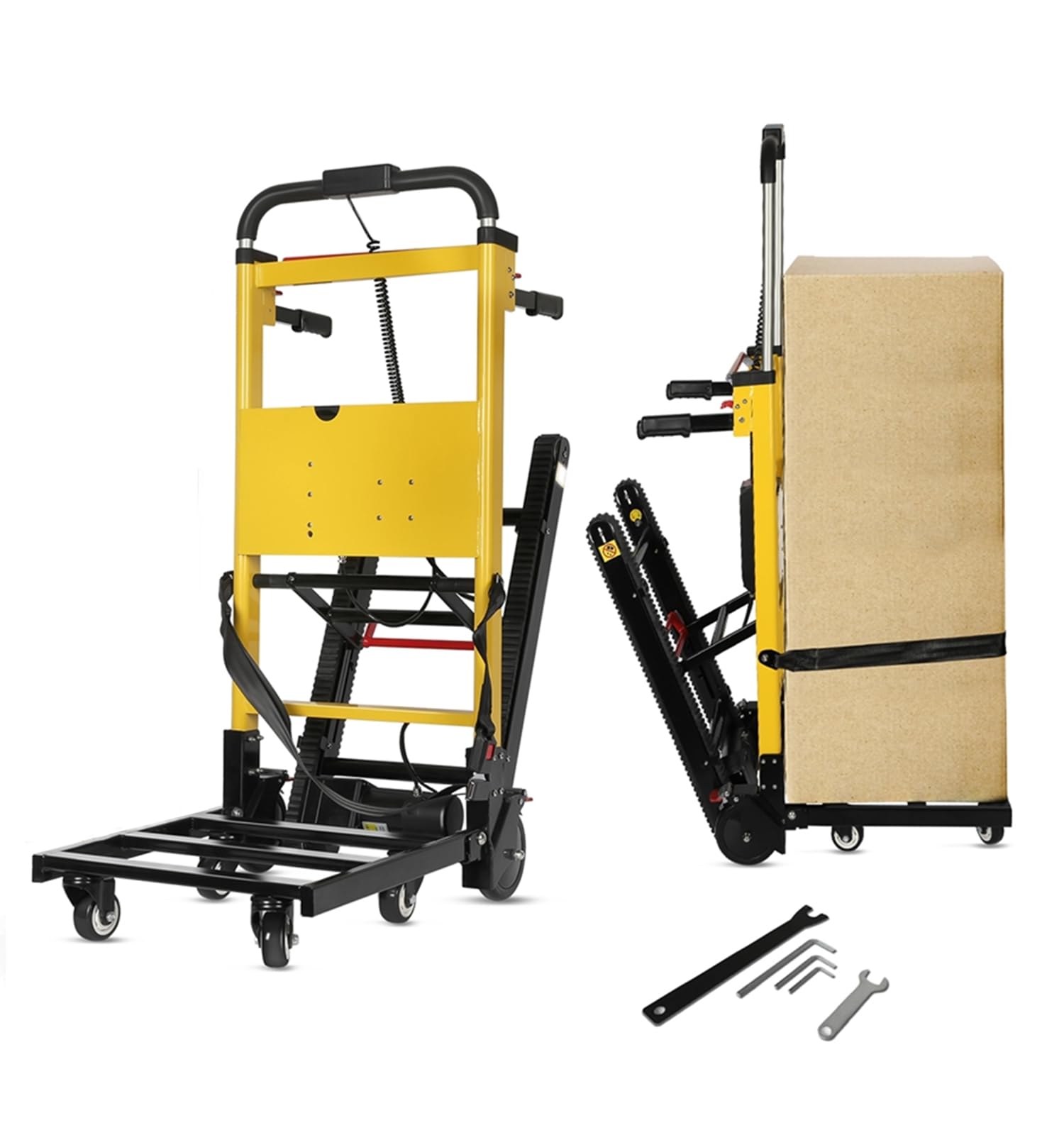Electric Stair Climbing Hand Trucks Dolly Cart, 200kg Max Load Heavy Duty, 120W Motor Powered Stair Climber Dolly Cart with 6 Wheels Motor Battery Powered for Furniture Family Logistics Warehouse