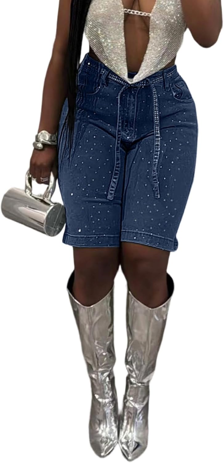 Unybwonn Women Baggy Denim Bermuda Shorts Pearl Y2k Vintage Straight Leg Denim Shorts Rhinestone Knee Length Jean Jorts