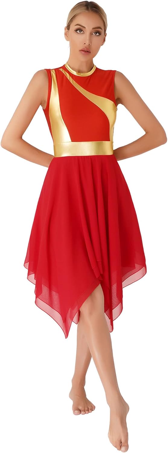 Liturgical Dancewear for Women Metallic Praise Dance Overlay Tunics Color Block Lyrical Worship Dance Dresses