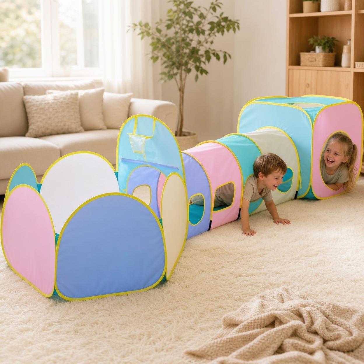 3-in Up Spielzelt Kinder mit Krabbeltunnel – Faltbares Spielhaus für Indoor & Outdoor, Makaron 3-in-1 (Quadrat + Bogen + Bällebad)