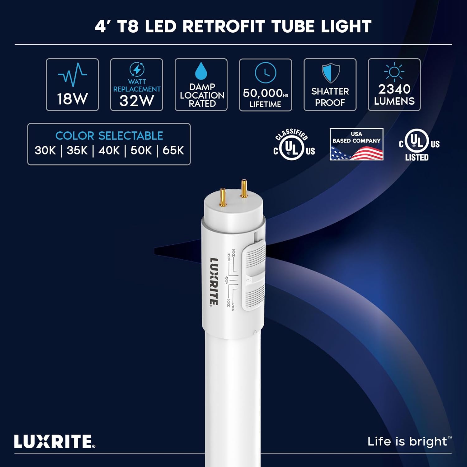 LUXRITE 4FT T8 LED Tube Light, Type A+B, 18W=32W, 2340 Lumens, 5CCT Selectable (3000K/3500K/4000K/5000K/6500K) Ballast Compatible or Bypass, Dual-End or Single-End Input, UL & DLC Listed (4 Pack)